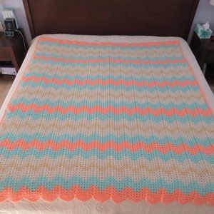 New VTG Handmade Chevron Crochet Afghan Throw Blanket Large Multicolor  80"x 67"